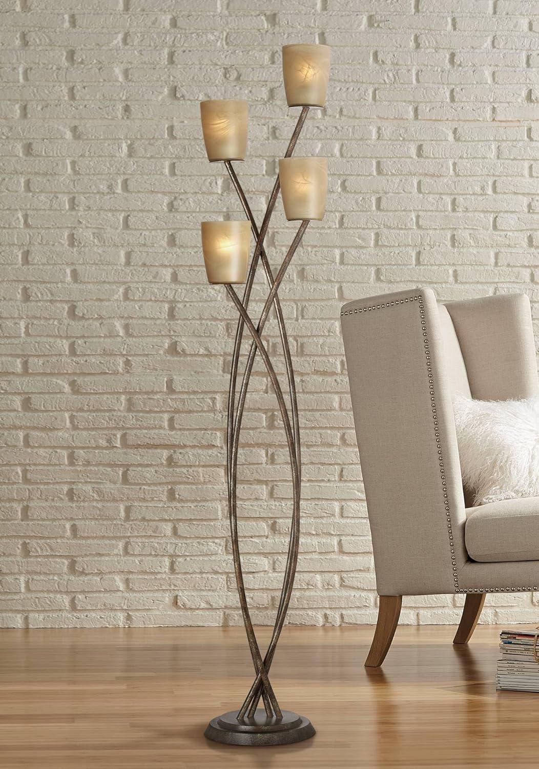 Kathy Ireland Metro Plaza Modern Glam 69" Tall Standing Floor Lamp Tree 4-Light Foot Switch Brown Metal Copper Bronze Finish Living Room Bedroom House