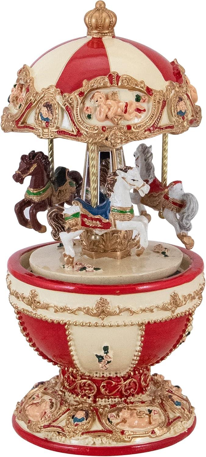 Ivory and Red Resin 7.25" Musical Horse Carousel