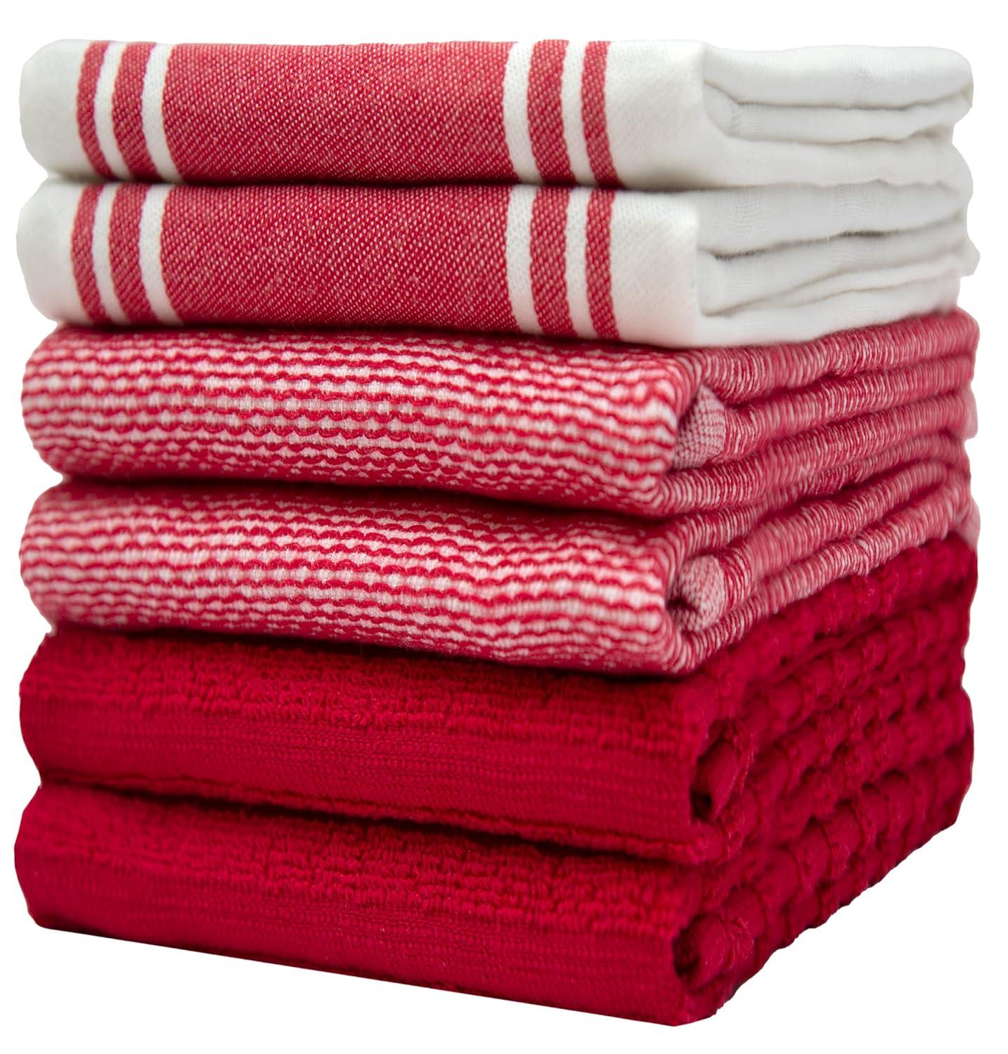 Premium Kitchen Towels (20”x 28”, 6 Pack) – Large Cotton Kitchen Hand Towels – Flat & Terry Towel – Highly Absorbent Tea Towels Set with Hanging Loop (Wide Stripe Red)