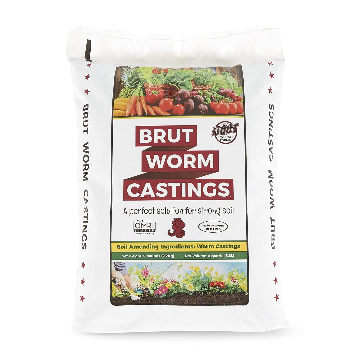 Brut Organic Worm Castings – 5 LB – Natural Nutrients, Fertility Builder, Plant Food for Potting Soil, Garden Soil, Indoor and Outdoor Use