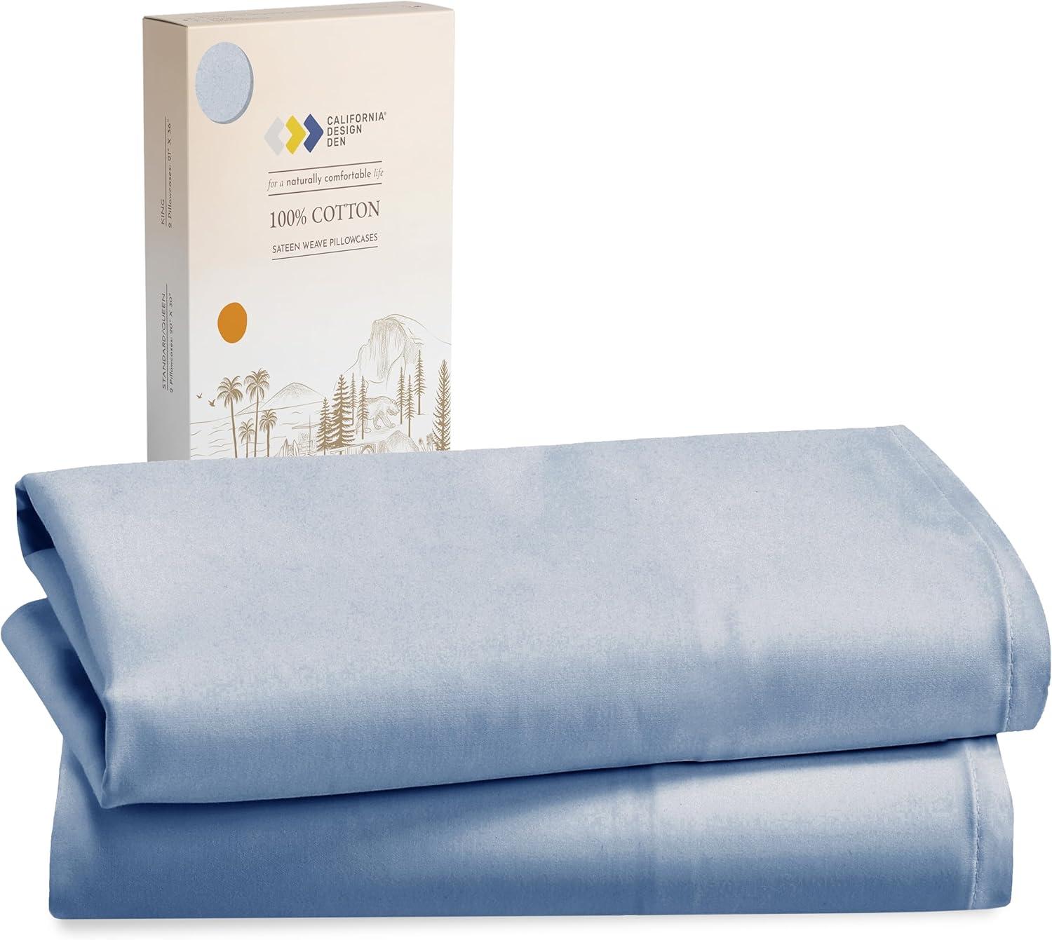 100% Cotton Blue Pillow Cases Standard Size / Queen Size Set of 2 Soft & Cooling Sateen Weave by California Design Den