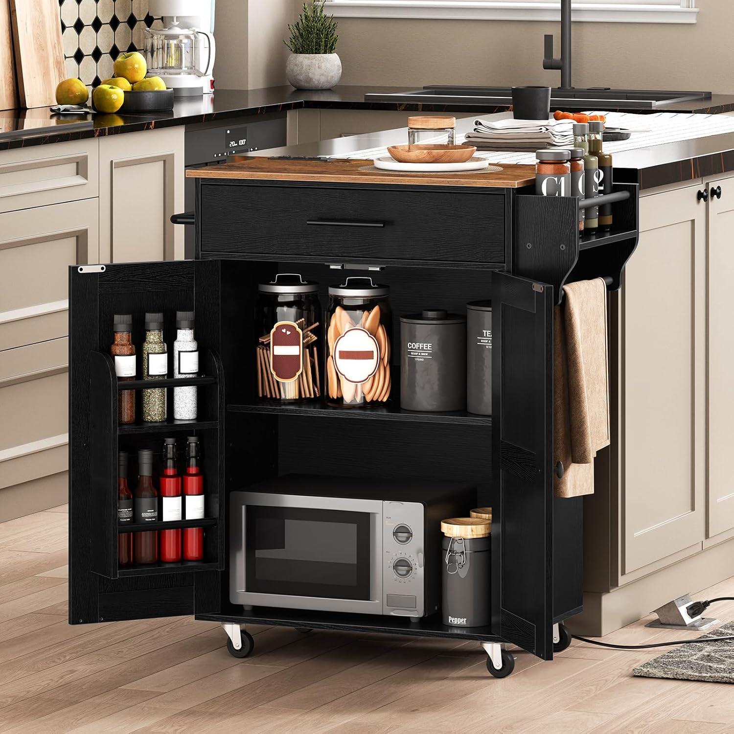 Rustic Brown and Black Rolling Kitchen Island with Power Outlet