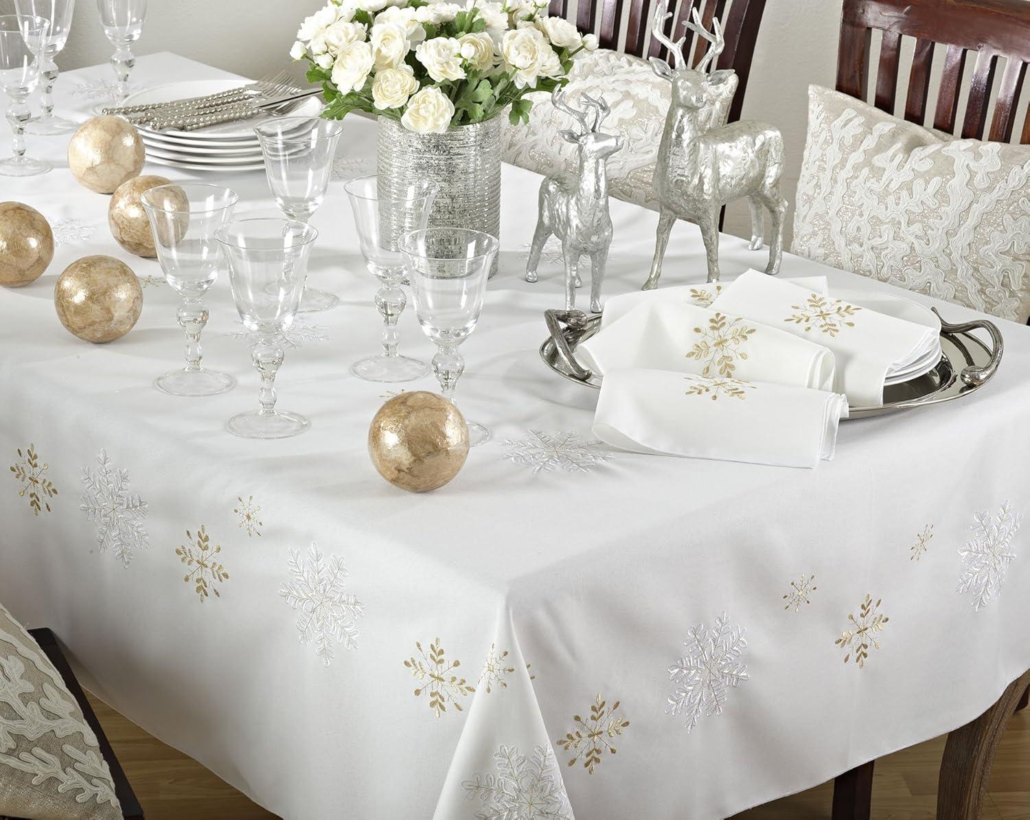 Ivory Snowflake Design Polyester Winter Tablecloth, 50 x 70 in