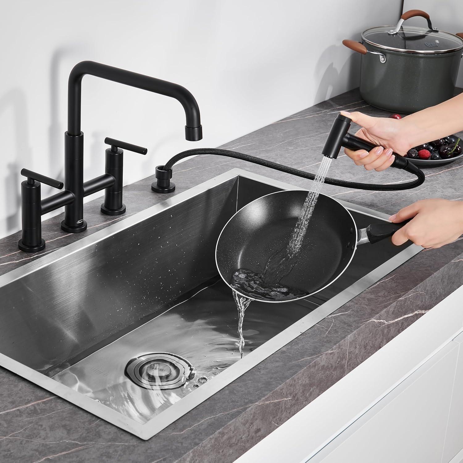 Double Handle Bridge Kitchen Faucet in Brushed Gold, with Put Out Side Sprayer