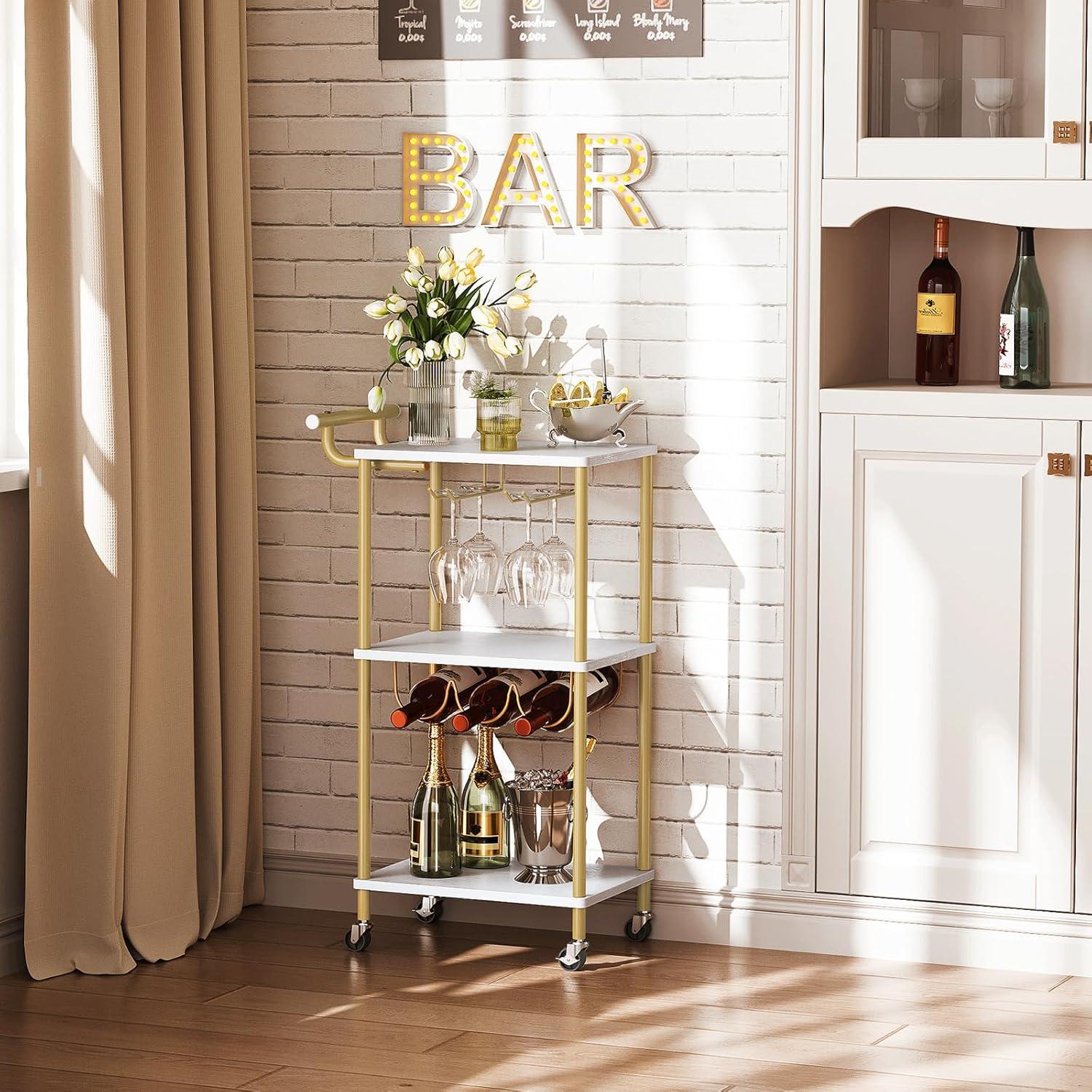 Gold and White 3-Tier Metal Bar Cart with Wine Rack