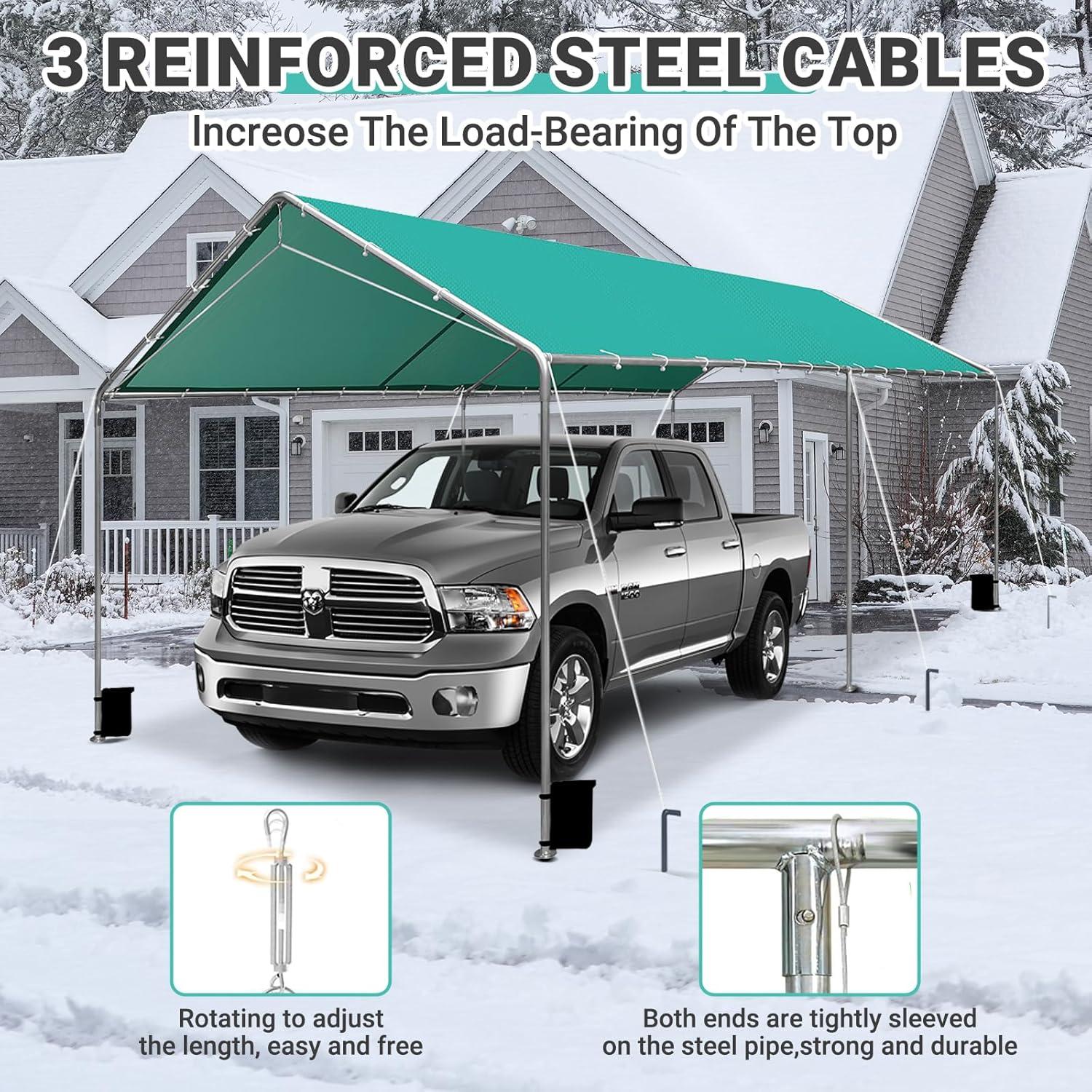 Outdoor Heavy Duty Carport 10 X 20 Ft, Car Canopy Tent with Reinforced Steel Cables (Green)
