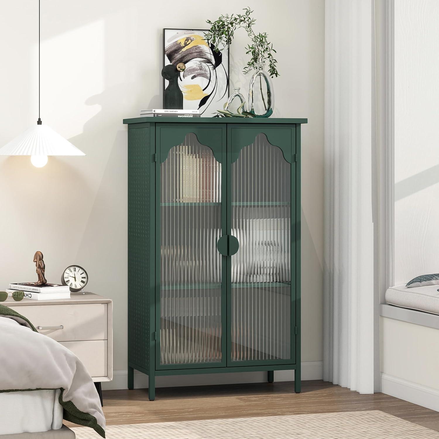 Dark Green Metal and Glass Display Cabinet with Arched Doors