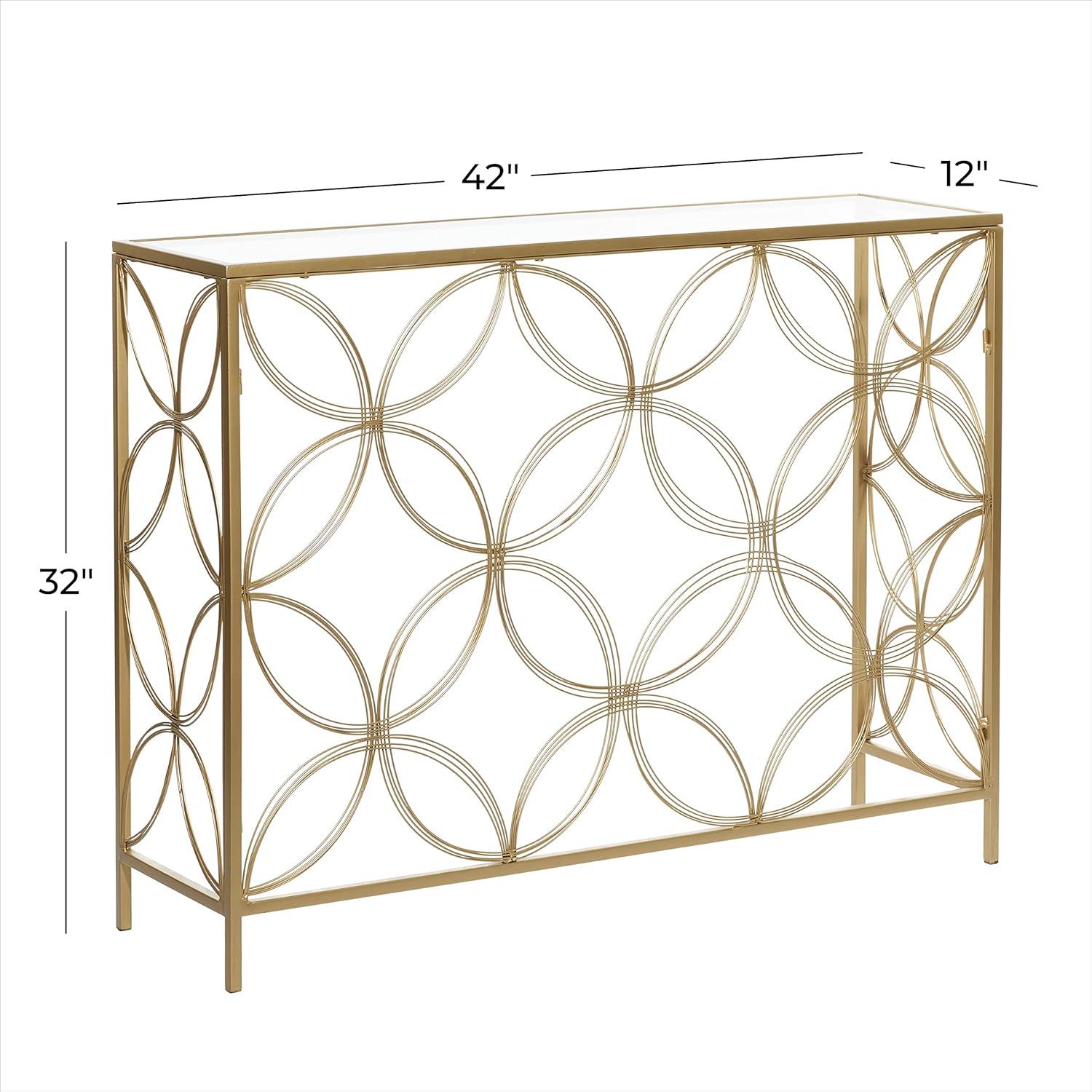 DecMode 42" x 32" Gold Metal Open Style Quatrefoil Frame Geometric Console Table with Mirrored Top, 1-Piece