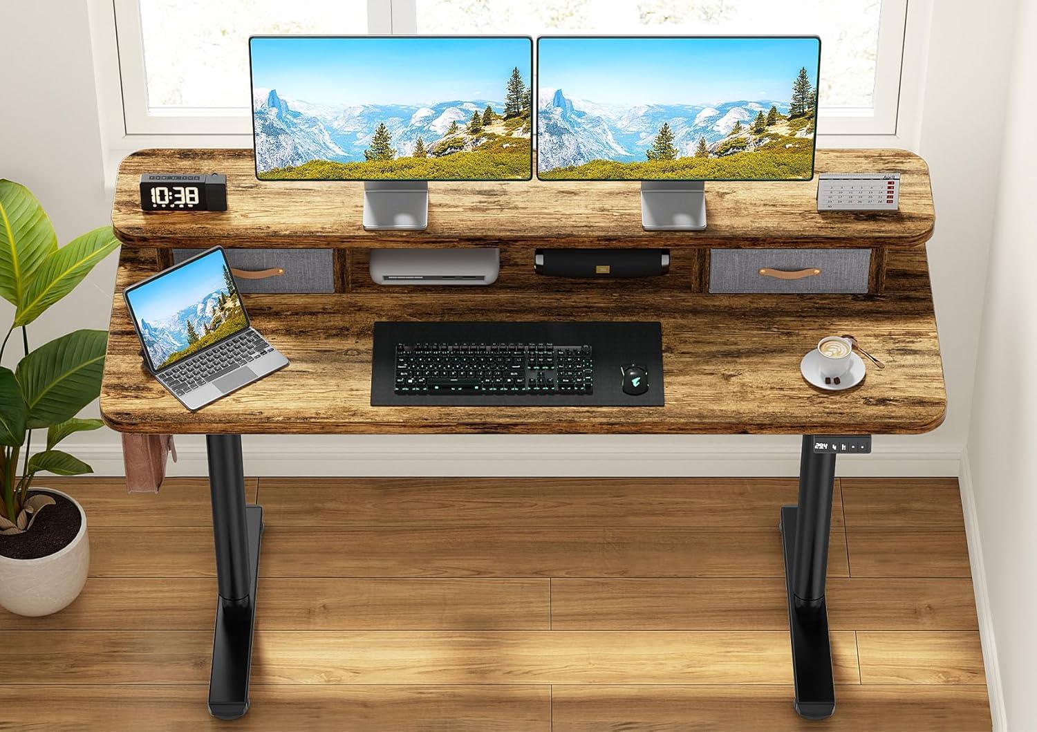 Rustic Brown Adjustable Height Standing Desk with Drawers and Shelf