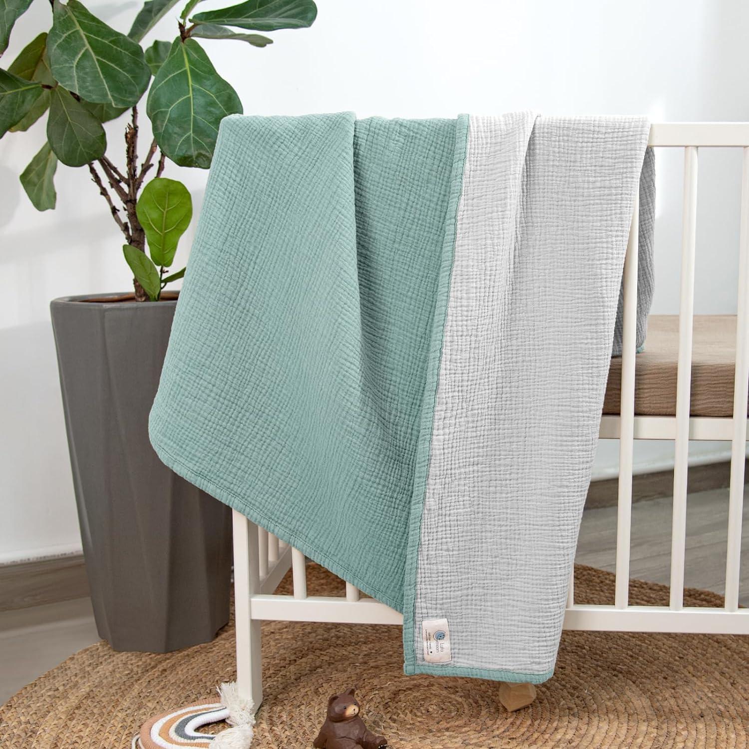 Lulu moon Swaddle Baby Blanket: Waffle Blanket with Satin Trim - Soft Breathable Toddler Blanket Perfect for Nursing Cover and Playtime - Cotton Crib Blanket for Daytime Naps 40"x36"(Sage)