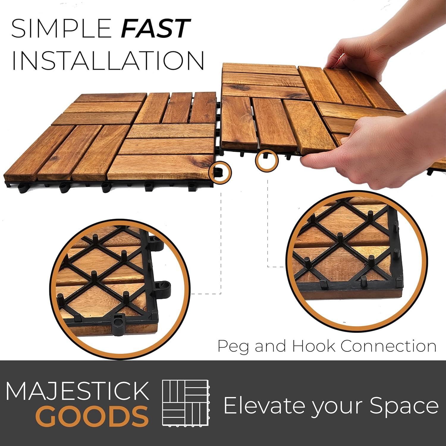 Interlocking Deck Tiles 8 Pack - Snap Together Wood Flooring | 12 x 12 Acacia Hardwood Outdoor Flooring for Patio | Click Floor Decking Tile, Waterproof Balcony Flooring, Wooden Parquet Flooring