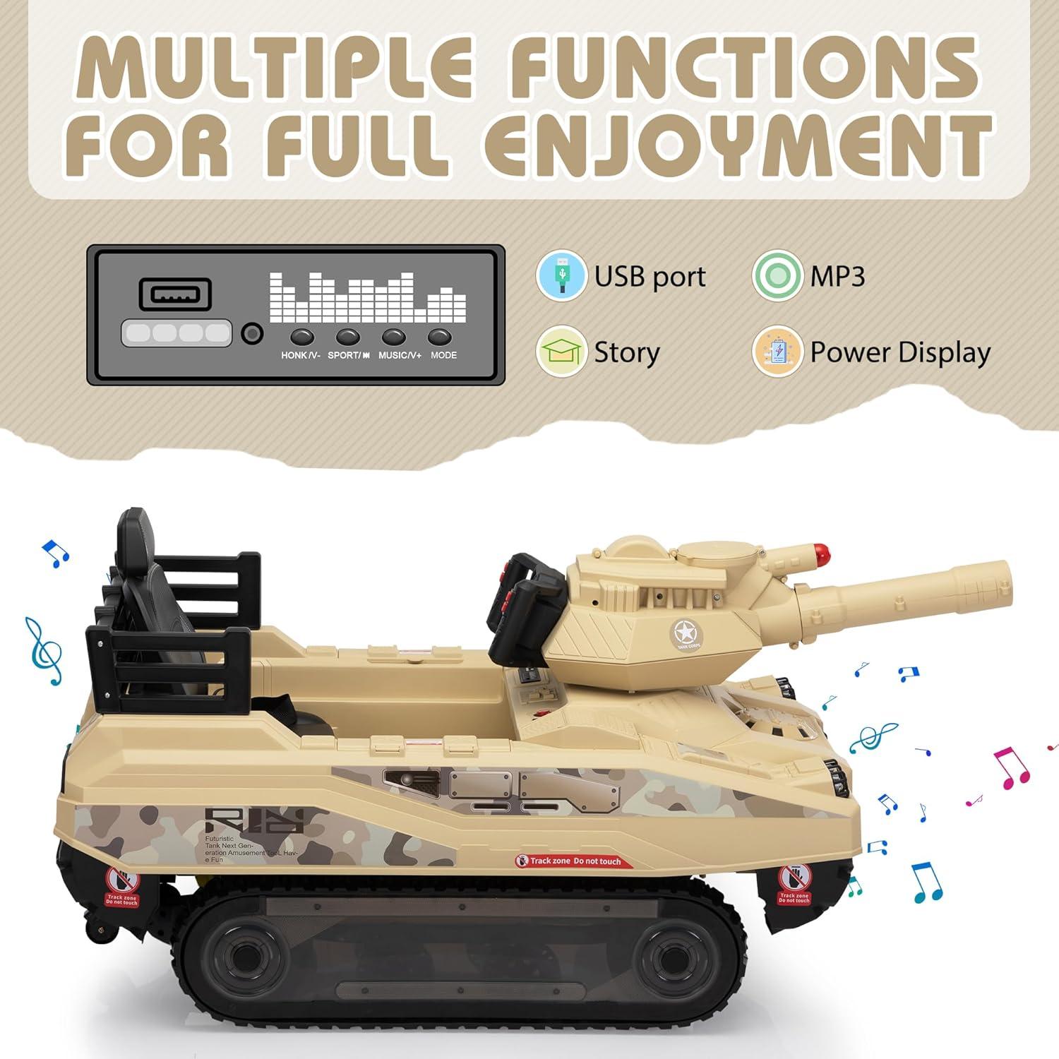Jaxpety 24 V Kids Ride on Tank Car with Working Cannon and Rotating Turret for Boys and Girls Ages 3-8 Years, Yellow