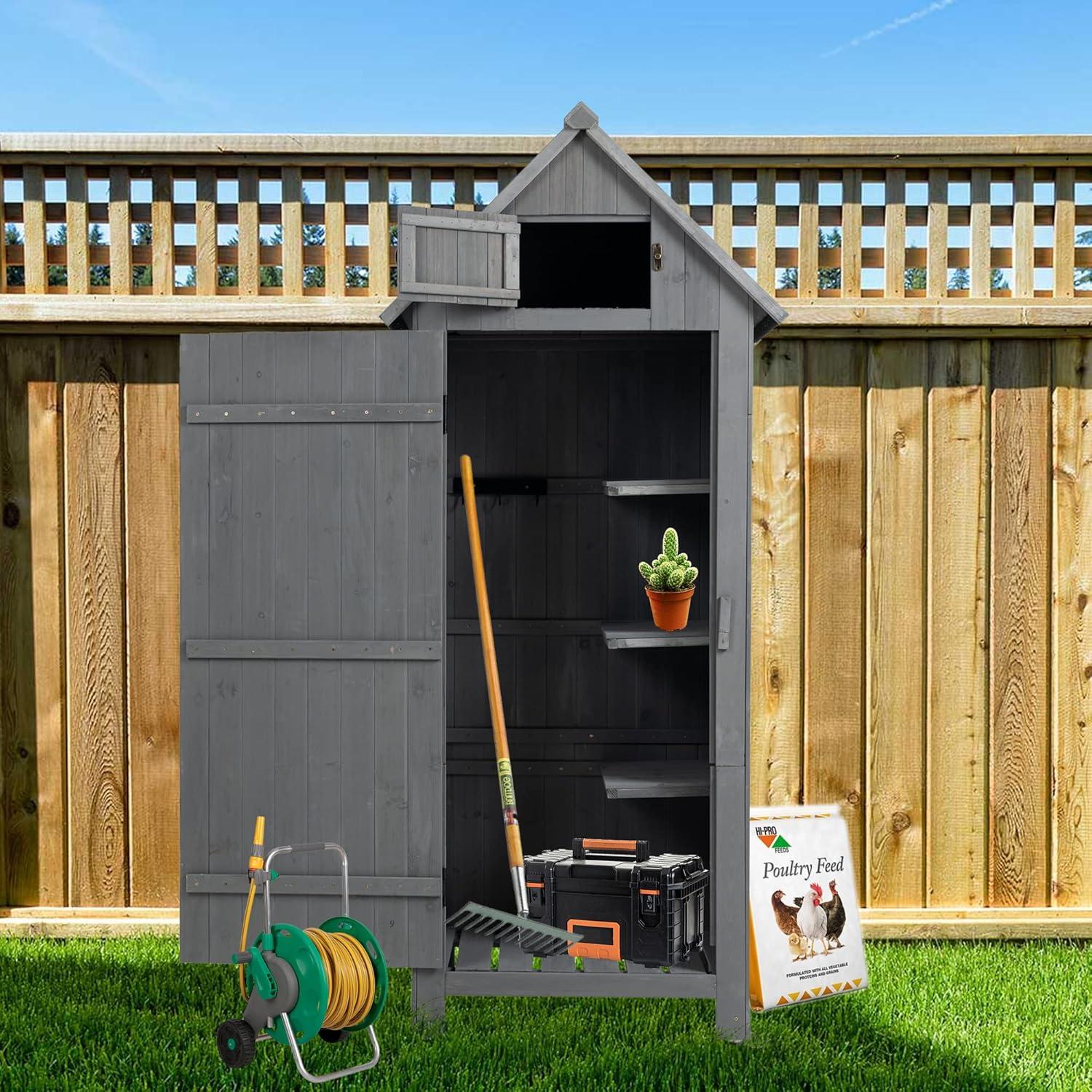 Gray Wooden Outdoor Storage Shed with Shelves and Lockable Doors