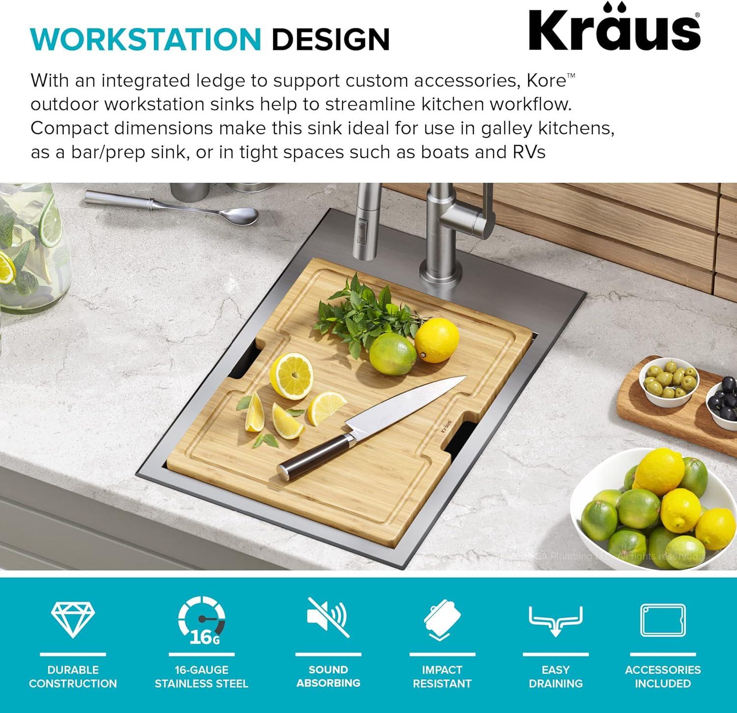 KRAUS Kore™ 15" L Outdoor Workstation Drop-In 16 Gauge Marine Grade T-316 Stainless Steel Single Bowl Kitchen Bar Sink