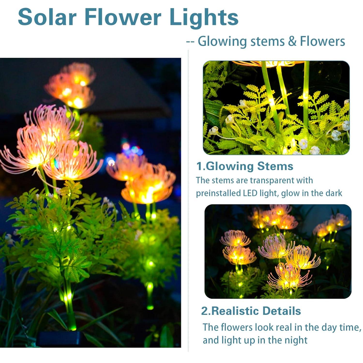 Solar Garden Lights, Solar Flowers Lights with Glowing Flowers & Stems, Upgraded Solar Panel, Outdoor Lights for Garden Decoration,Yard Decor and Gift for Mother (2 Pack)