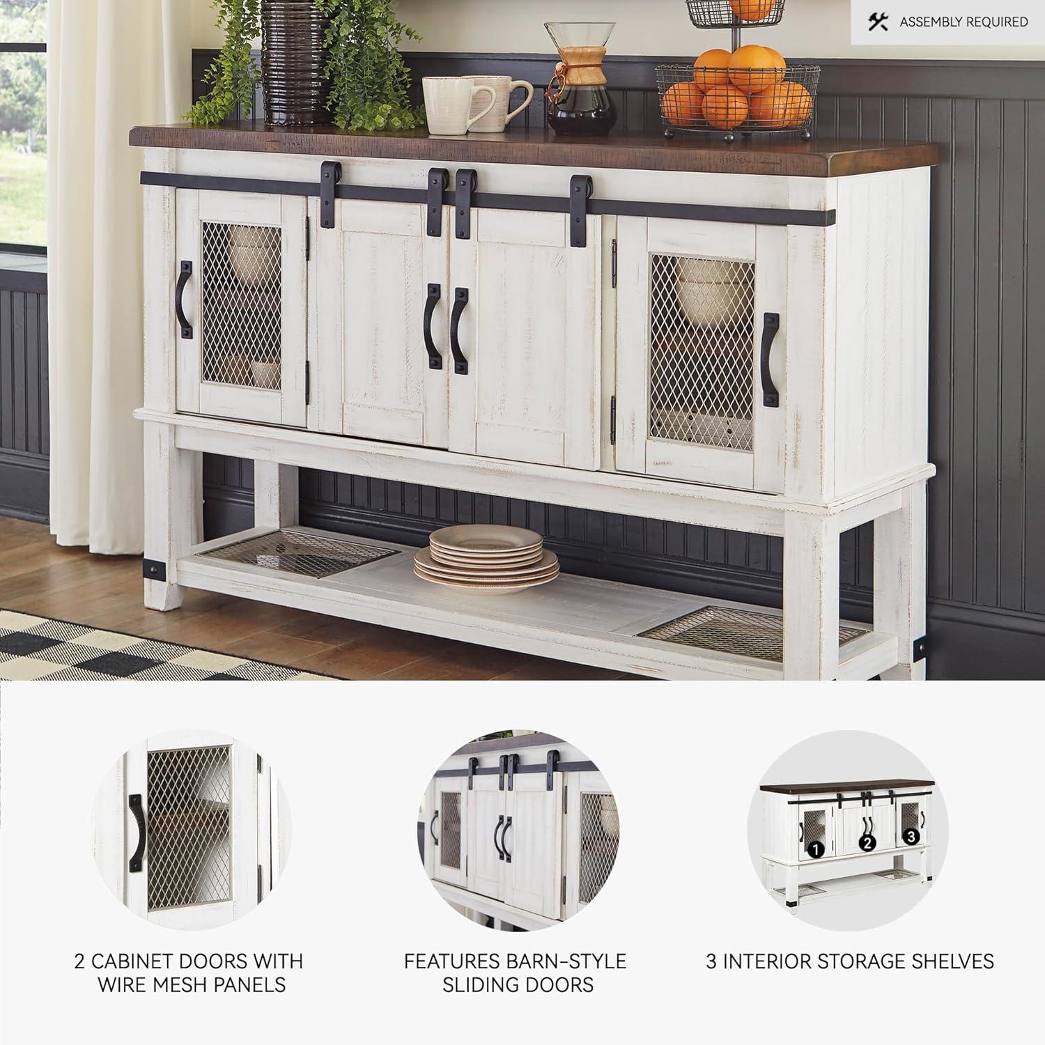 Signature Design by Ashley Valebeck Dining Server White/Brown/Beige: Rustic Farmhouse Sideboard with Adjustable Shelves