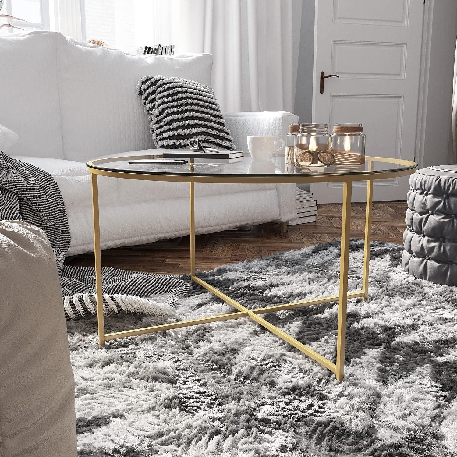 Flash Furniture Greenwich Collection Coffee Table - Modern Clear Glass Accent Table with Crisscross Brushed Gold Frame