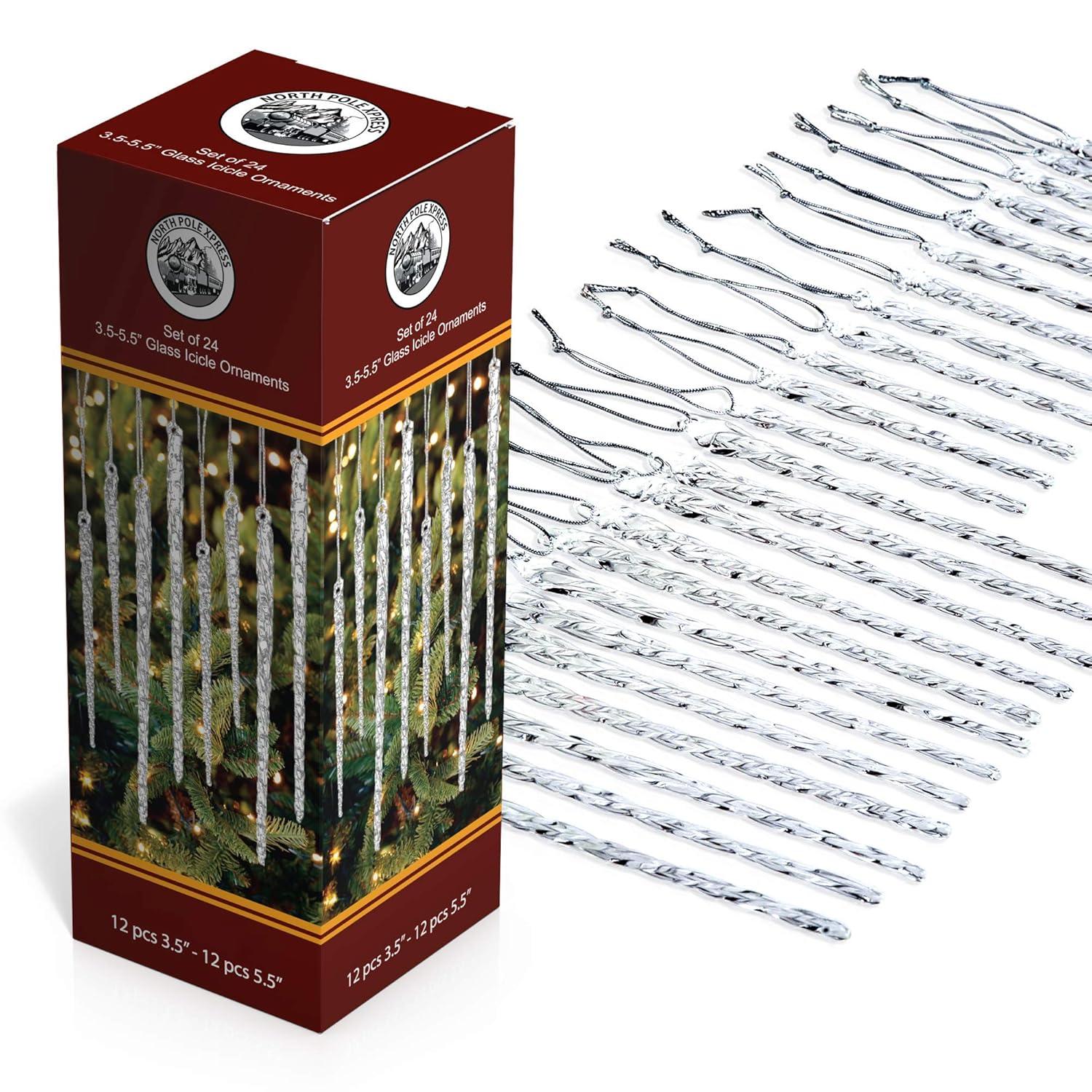 NorthPoleXpress Twisted Clear Glass Icicle Christmas Ornaments for Christmas Trees - Set of 24, Perfect for White Or Silver Crystal Winter Frost Look!