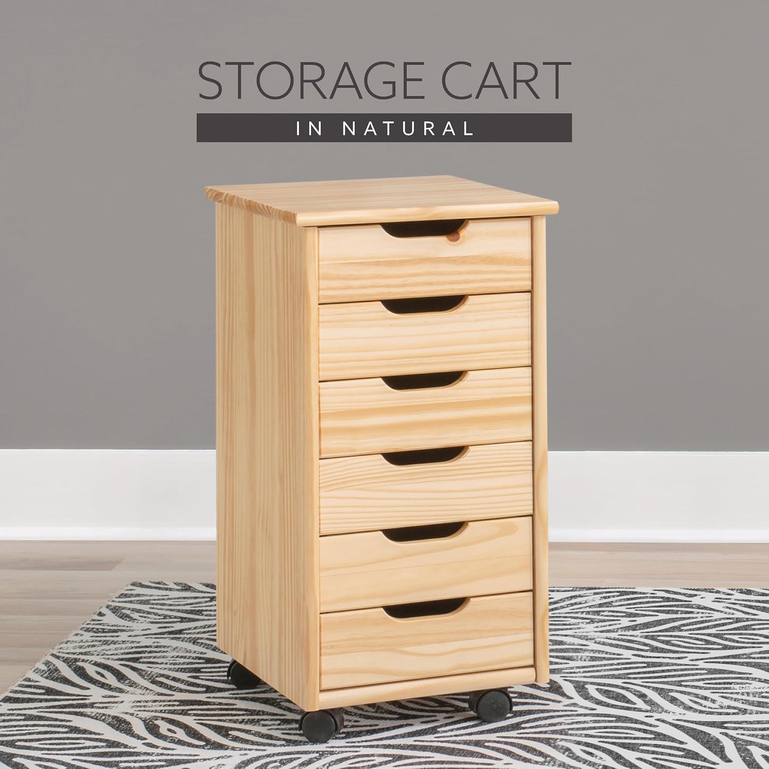 Natural Pine Six Drawer Rolling Storage Cart