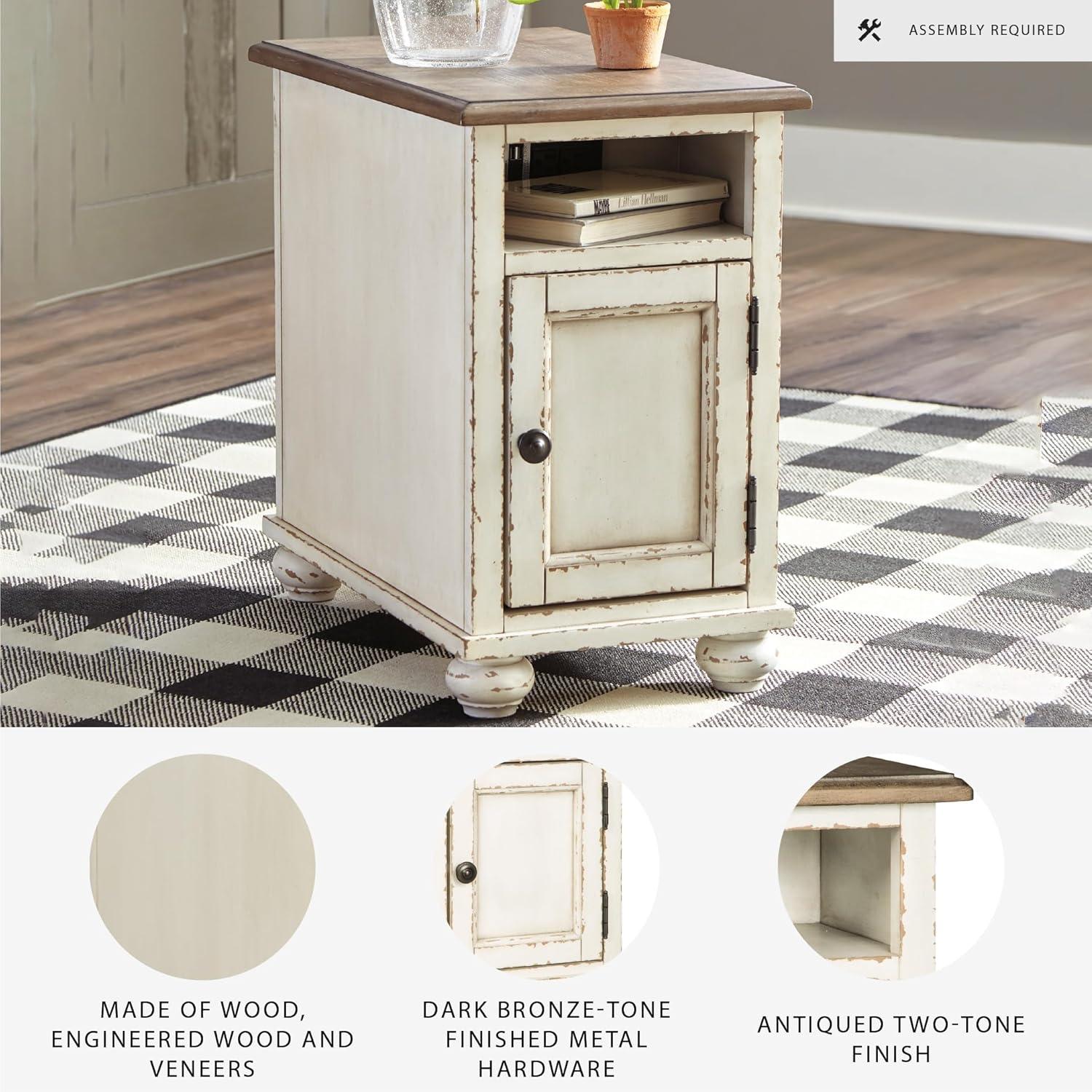 Realyn Chairside End Table White/Brown - Signature Design by Ashley: Cottage Style, Power Outlets, USB Ports