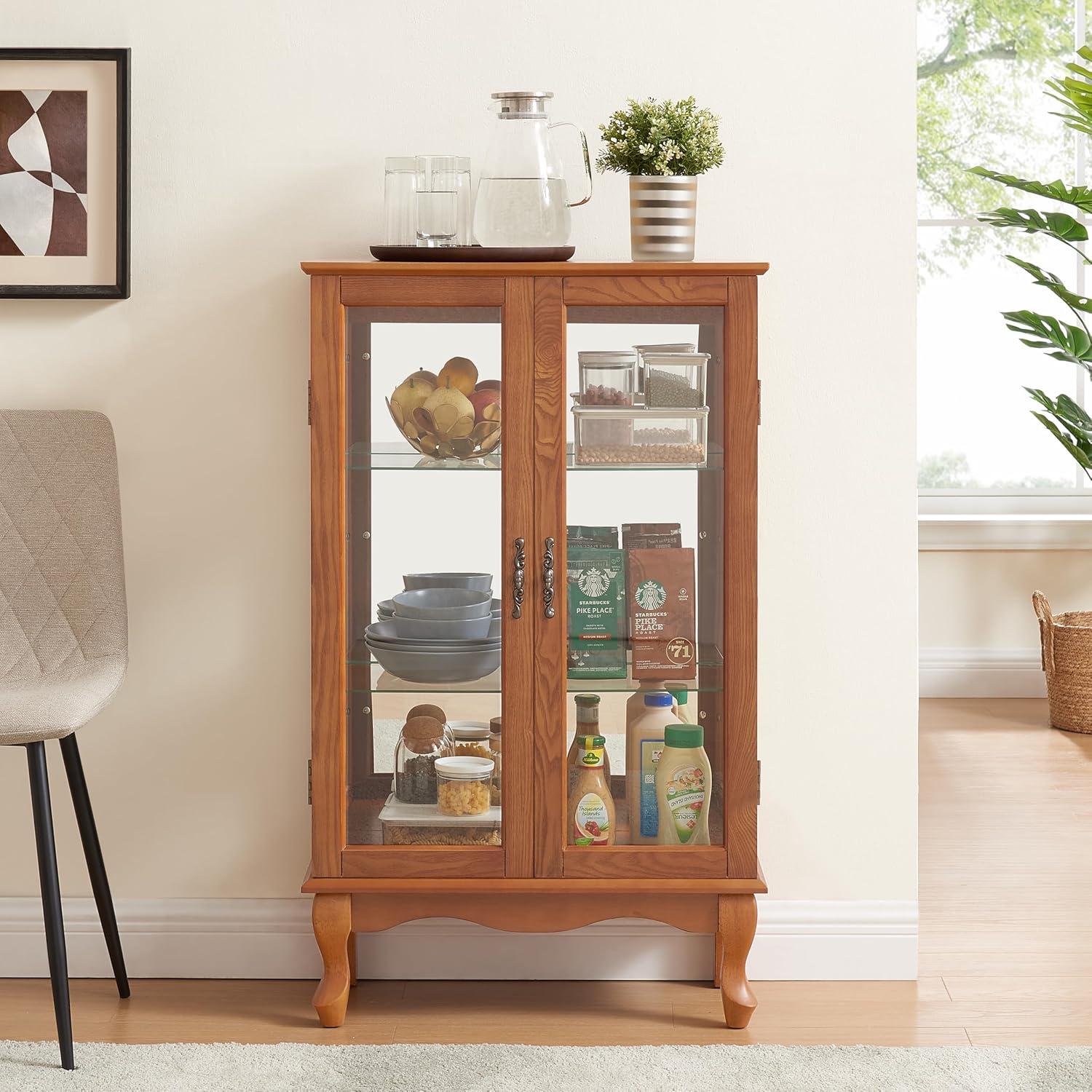 Oak Curio Cabinet with Glass Doors and Adjustable Shelves