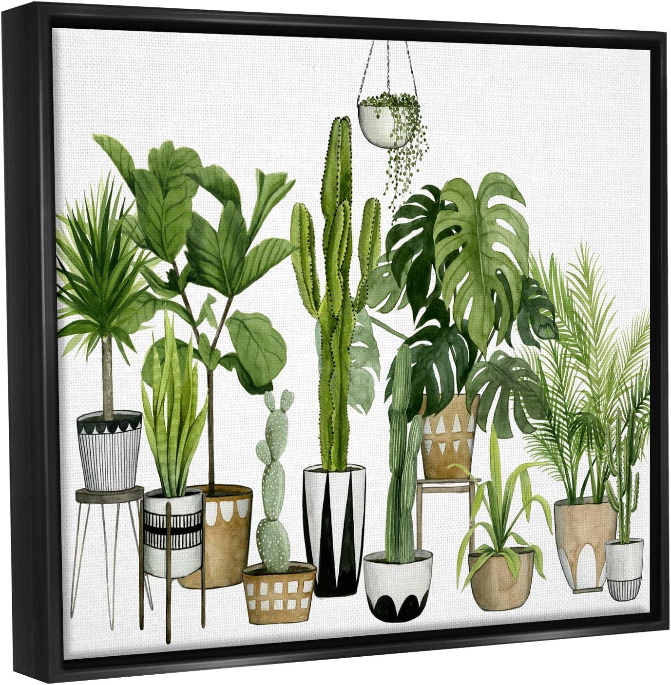 Stupell Industries Boho Plant Scene with Cacti and Succulents in Geometric Pots Watercolor Jet Black Framed Floating Canvas Wall Art, 16x20, by Grace Popp