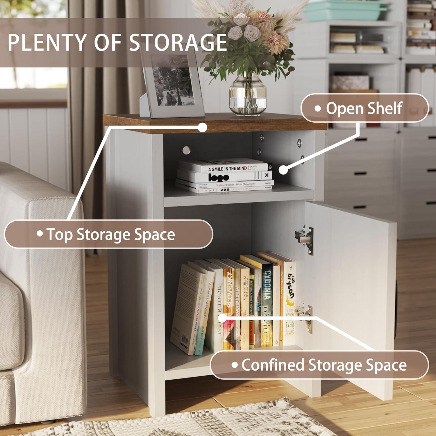 Farmhouse Nightstand, Modern Bedside Table Set of 2 with Barn Door and Shelf, Rustic End Table Side Table for Bedroom, Living Room (White)