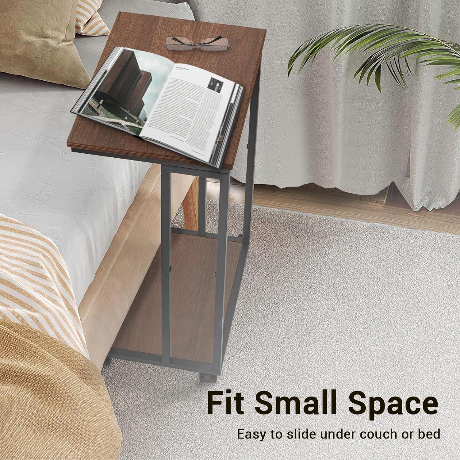 JJS Side End C Table for Sofa, Living Room Couch Table Snack Table That Slide Under for Small Spaces, Walnut/Black