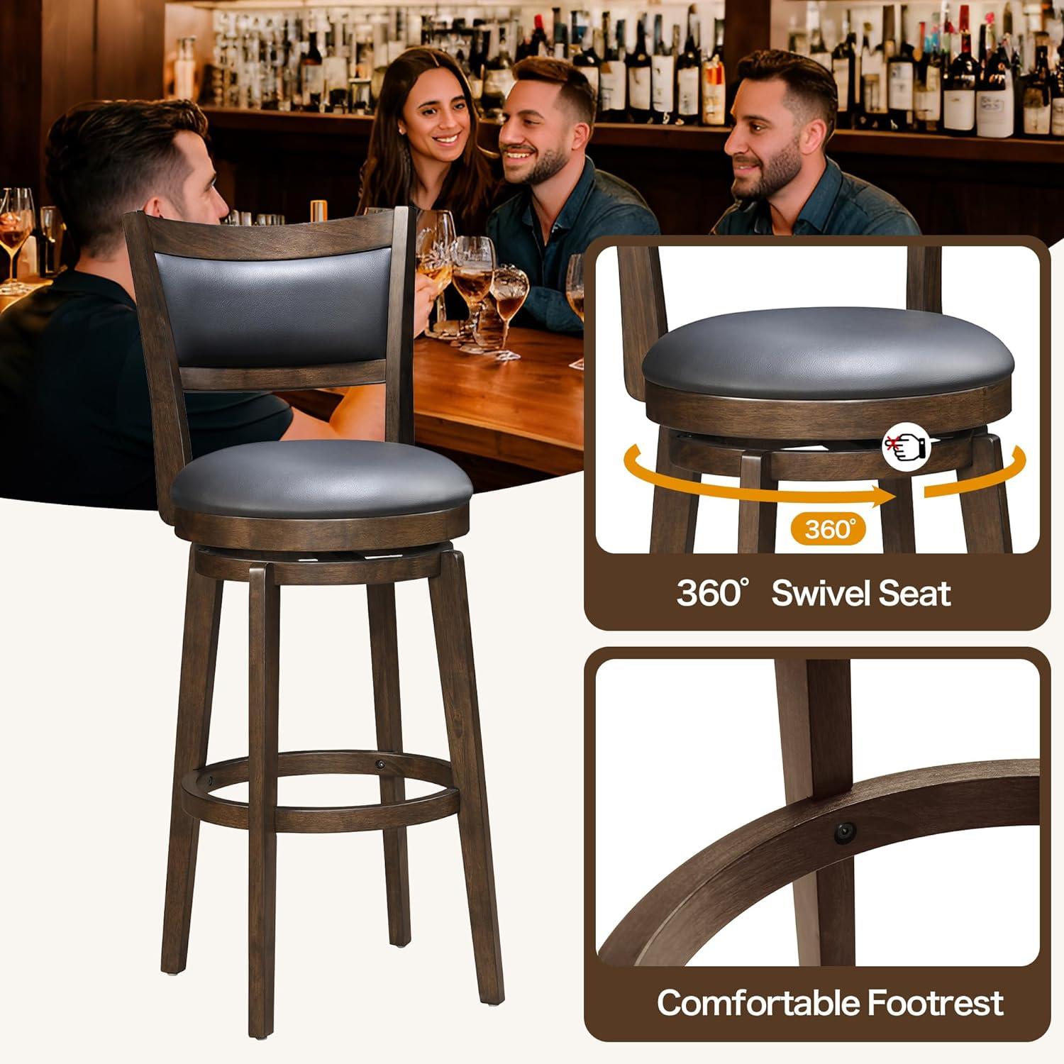 30" Walnut Swivel Bar Stools with Black Faux Leather Seats, Set of 4