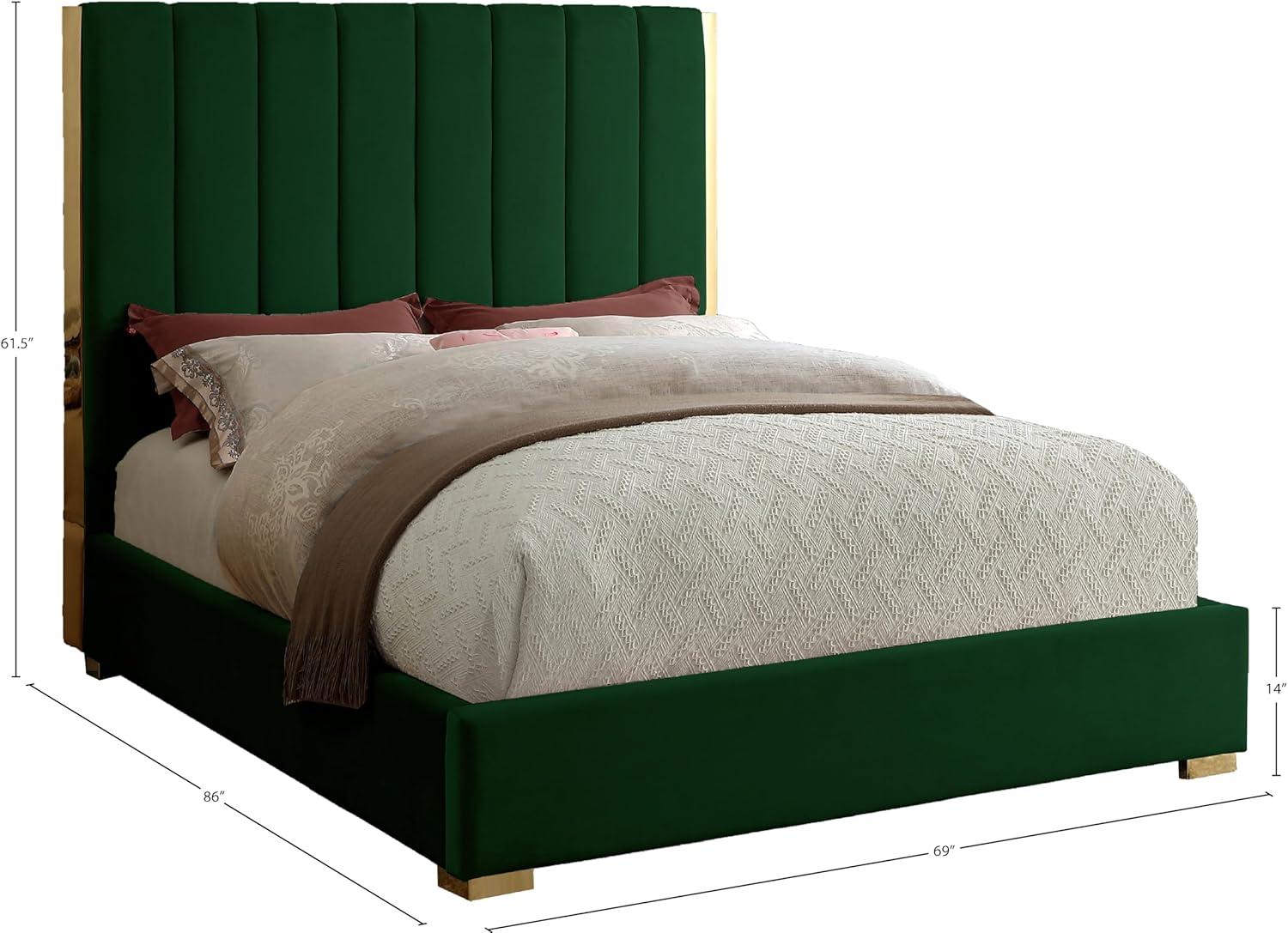 Meridian Furniture Becca Metal and Velvet Queen Bed in Green