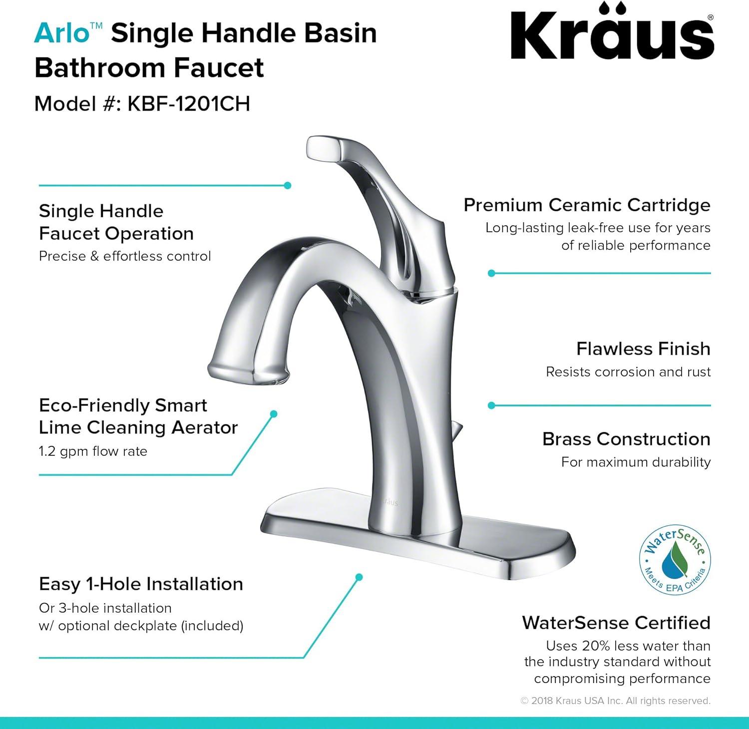 Kraus Arlo Single Hole 1-Handle WaterSense Bathroom Sink Faucet with Drain and Deck Plate