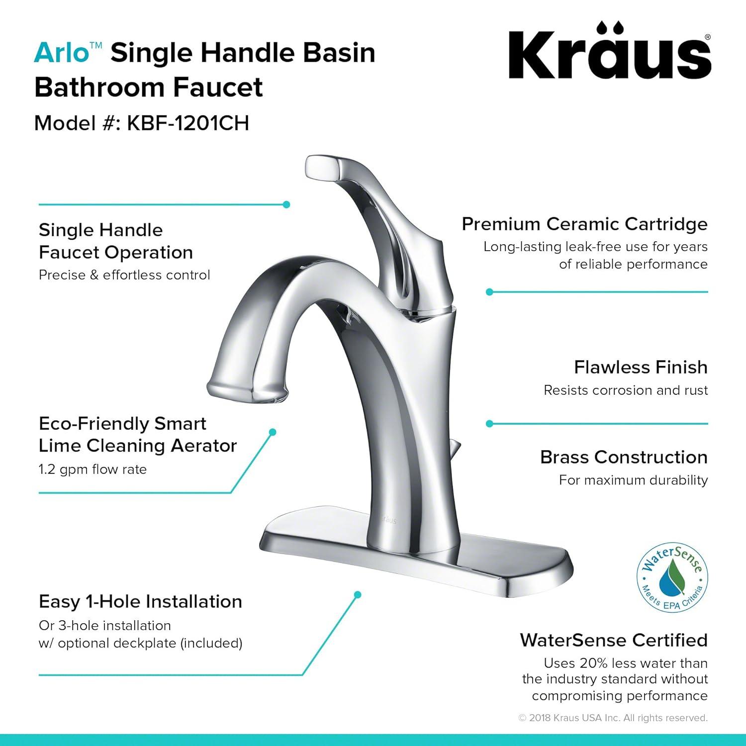 Kraus Arlo Single Hole 1-Handle WaterSense Bathroom Sink Faucet with Drain and Deck Plate