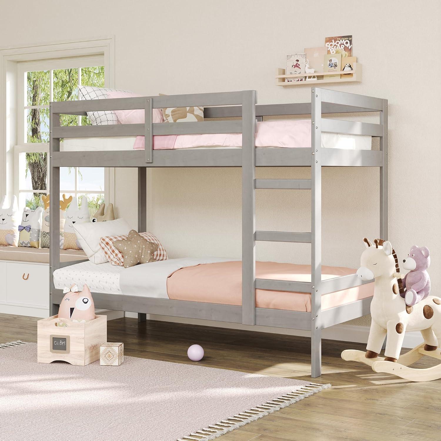 Grey Twin Over Twin Pine Wood Bunk Bed with Slats