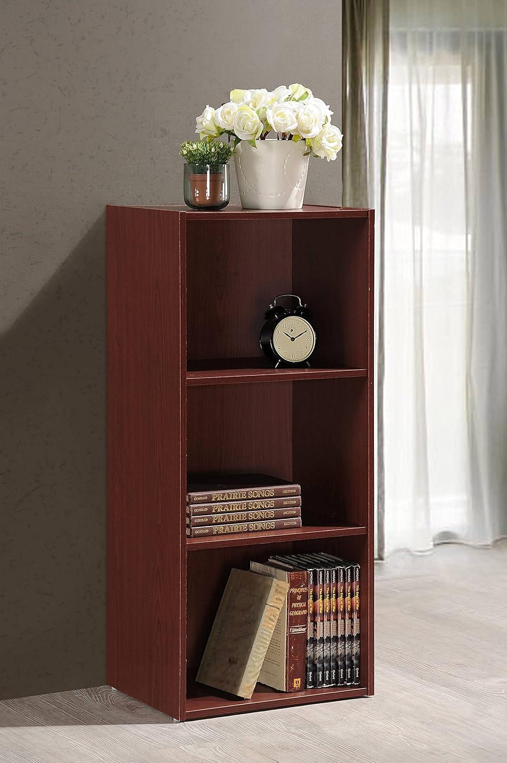 Hodedah HID23 High Quality 3 Shelf Home, Office, and School Organization Storage 35.67 Inch Tall Slim Bookcase Cabinets to Display Decor, Mahogany