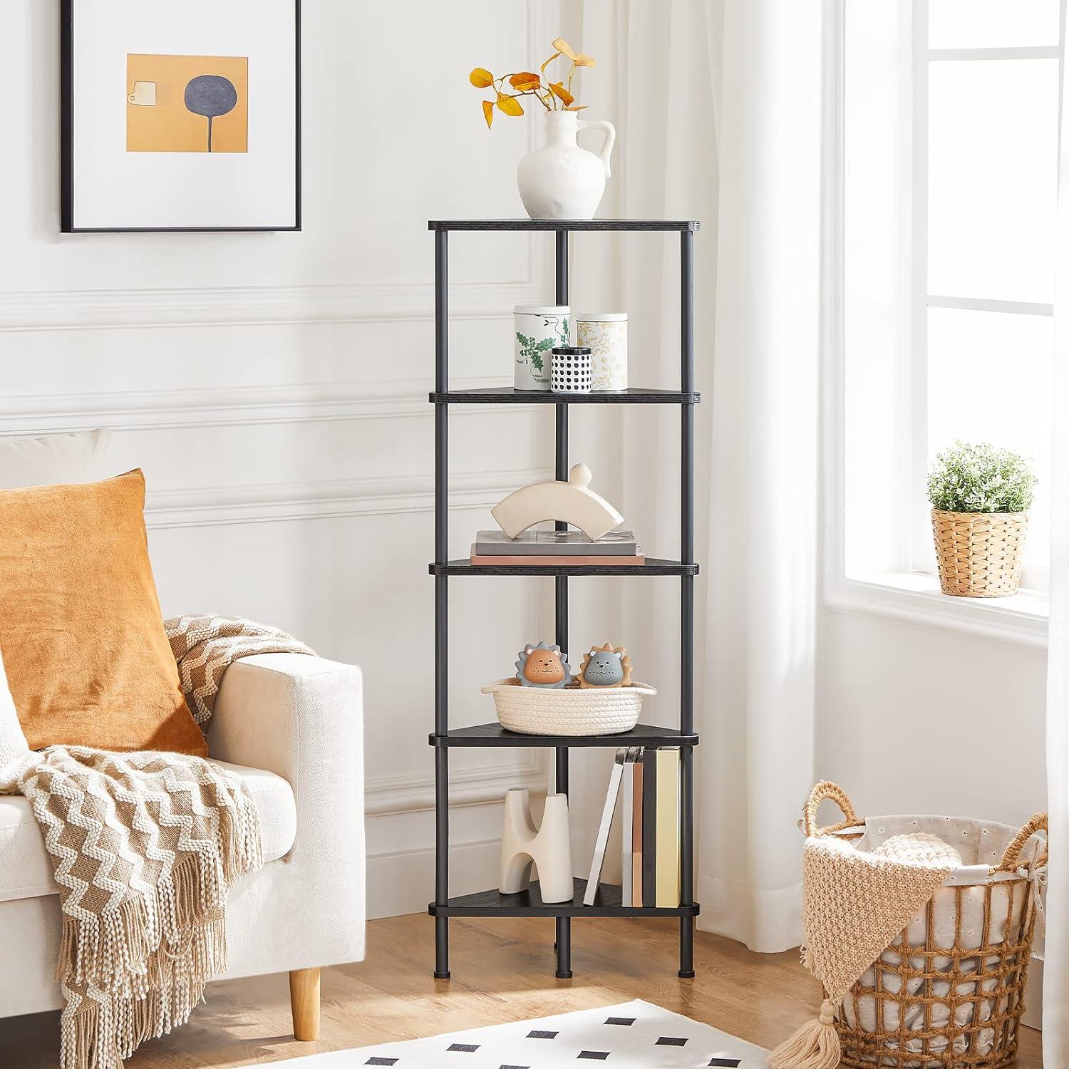 Black 5-Tier Adjustable Corner Bookshelf with Metal Frame