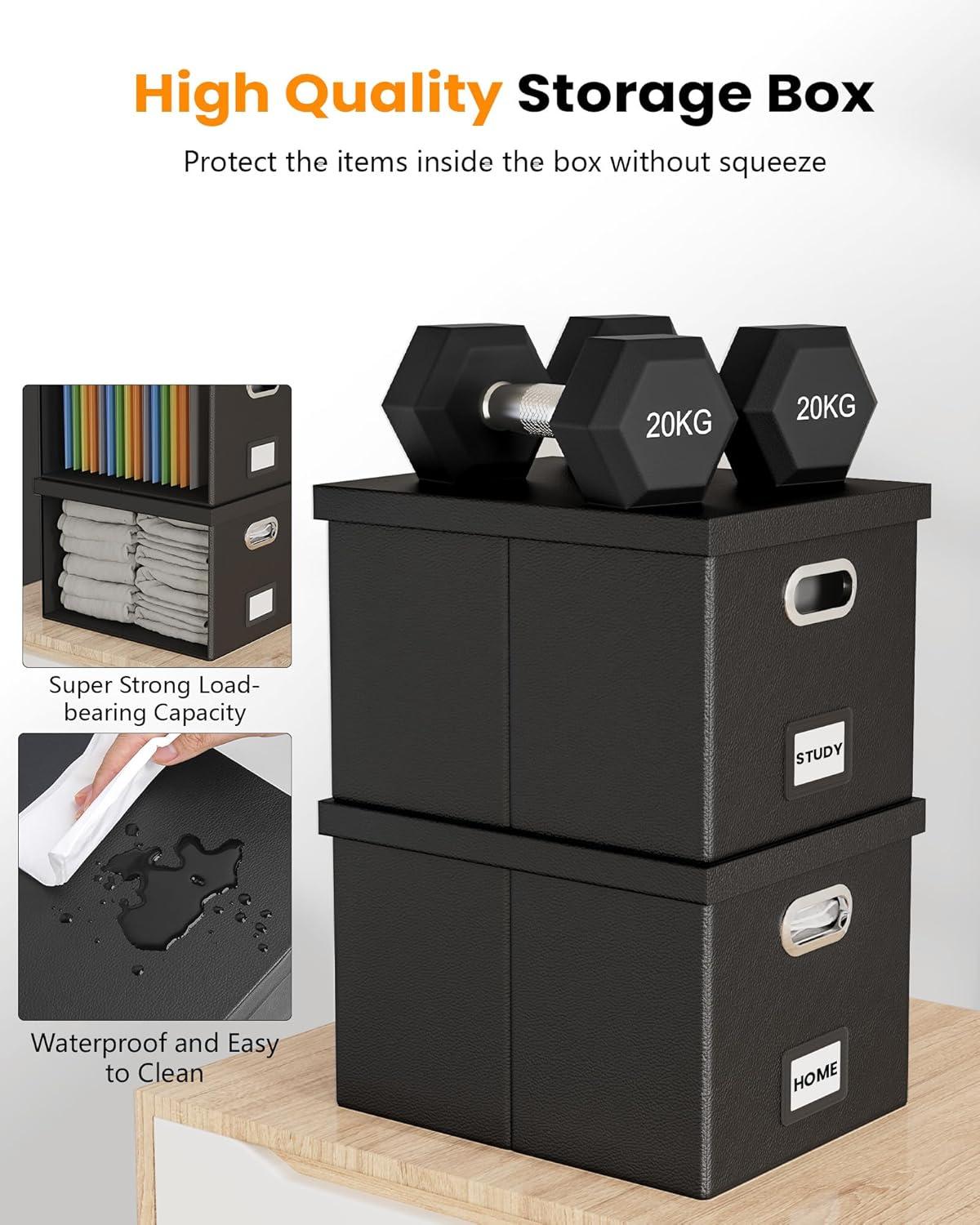 Gijjgole Collapsible Faux Leather Hanging File Folder Box Organizer with lid and Plastic Slides, Black