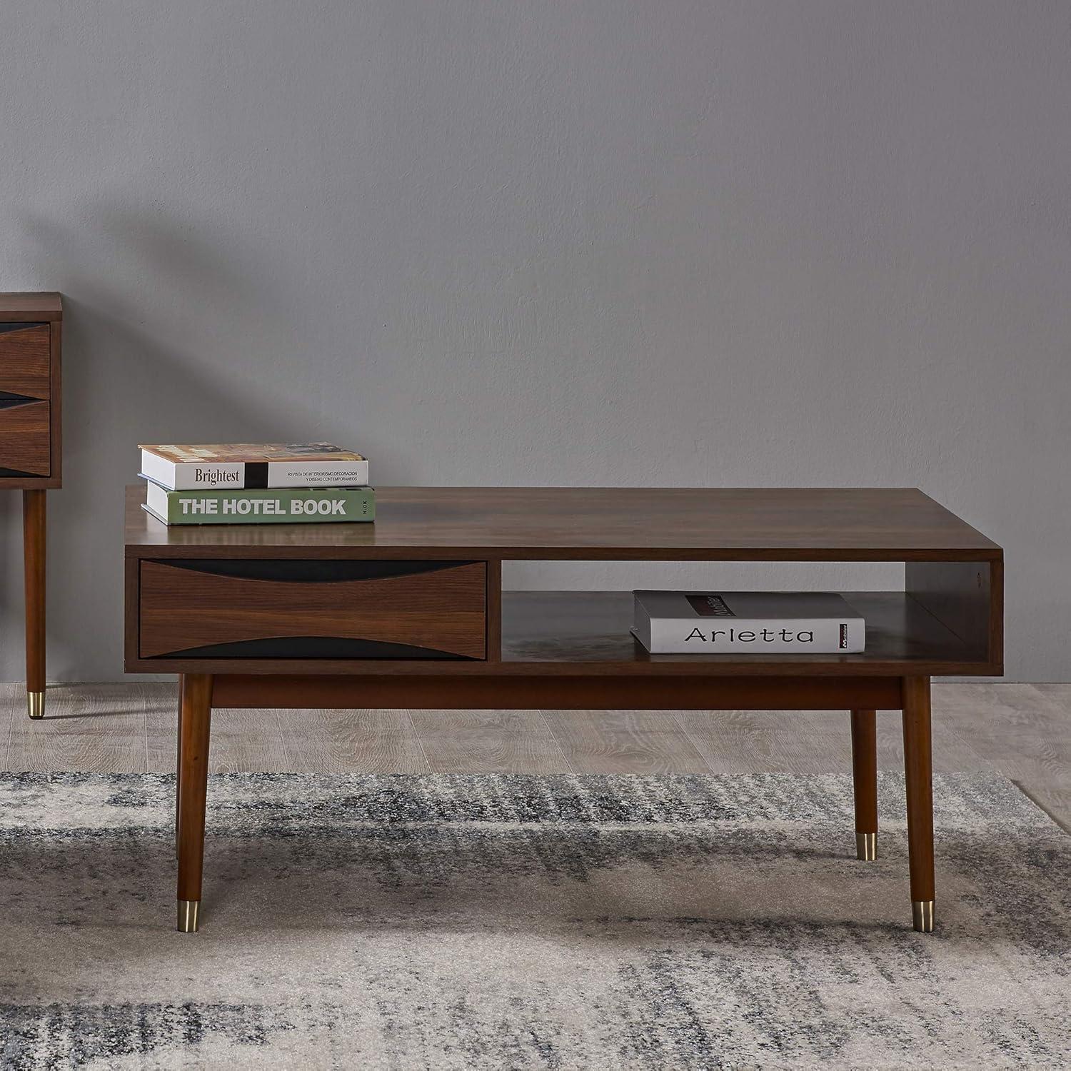 Dawson 40" Walnut Mid-Century Modern Coffee Table with Brass Accents