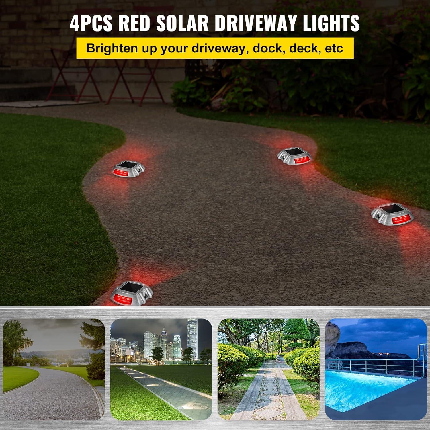 4-Pack Red LED Solar Pathway Driveway Lights with Aluminum Shell