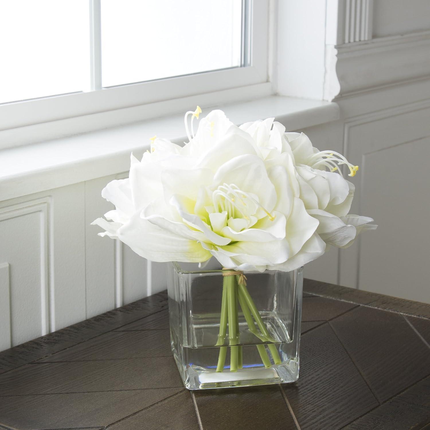 Lilies Floral Centerpiece - Five Cream-Colored Lily Blossoms in a Clear Glass Bowl with Fake Water - Artificial Flowers in Vase by Pure Garden (Cream)