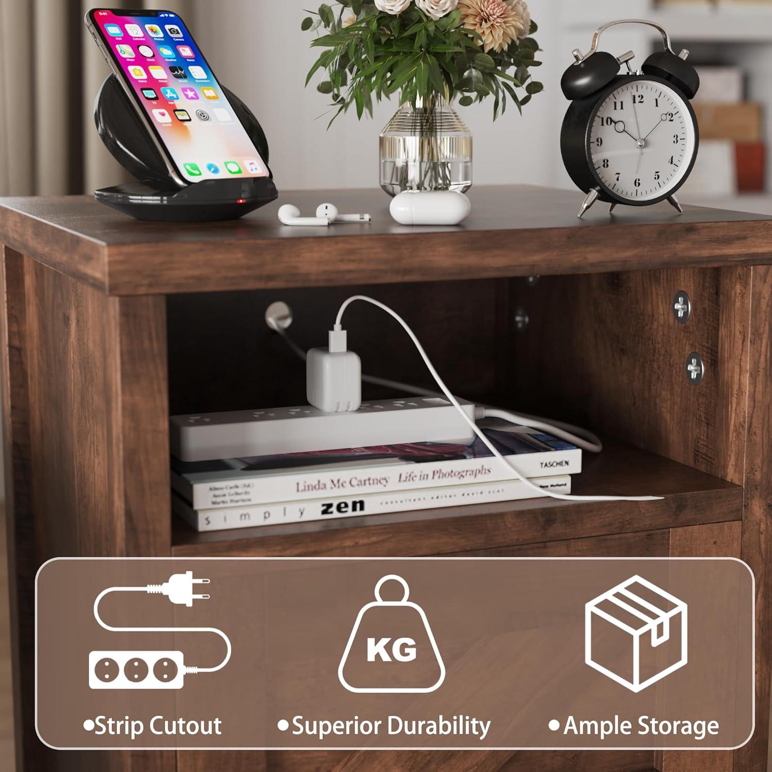 Farmhouse Nightstand, Modern Bedside Table Set of 2 with Barn Door and Shelf, Rustic End Table Side Table for Bedroom, Living Room (White)