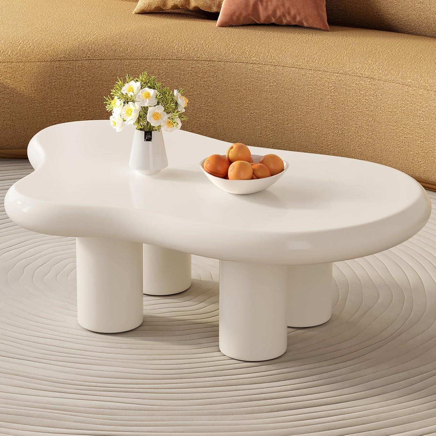 Guyii 41.02" Cream White Cloud Coffee Table, Irregular Coffee Table with 3 Legs for Living Room, Office
