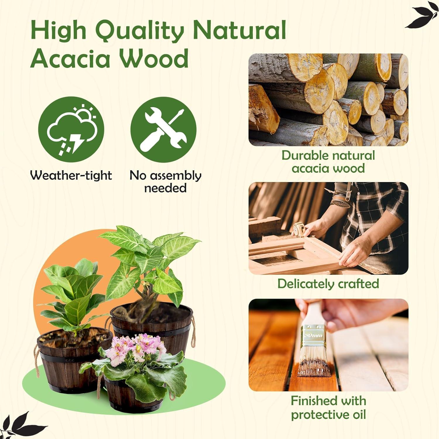 Set of 3 Dark Brown Acacia Wood Round Planter Boxes with Rope Handles