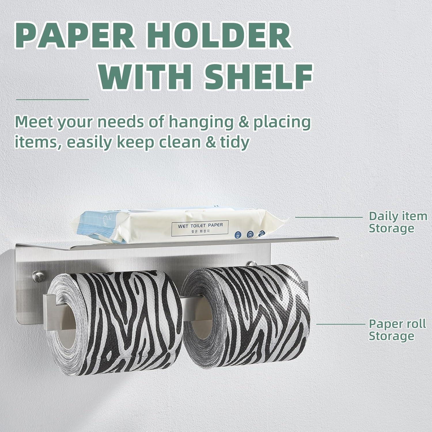 Double Toilet Paper Holder with Shelf Brushed Nickel, Modern Bathroom Accessories SUS 304 Stainless Steel Commercial Tissue Roll Dispenser Mobile Phone Storage Rack Handy Use