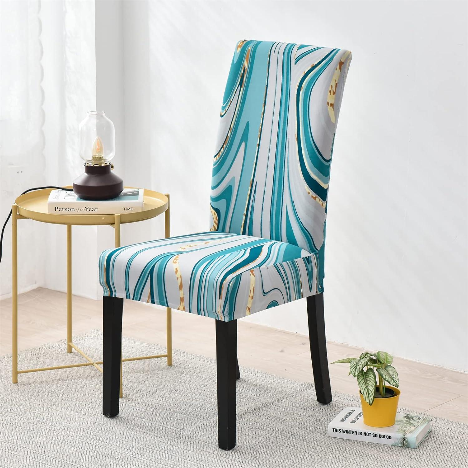 Set of 6 Blue and White Stretch Spandex Dining Chair Covers