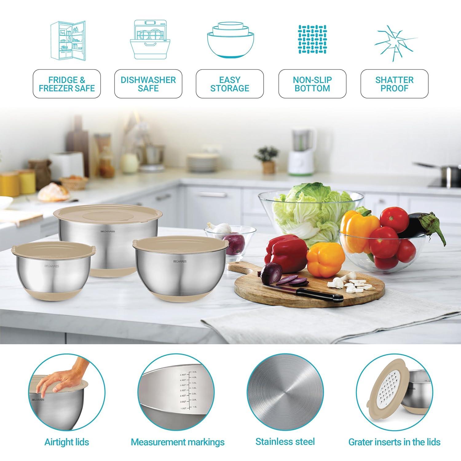 Toledo Bath & Kitchen Stainless Steel Mixing Bowls With Lids, 5-Pack Metal Nesting Bowls With Airtight Covers For Cooking, Baking, Serving, Storage, Non-Toxic & Dishwasher Safe, Size 4.6/3/1.5/1/0.7QT - Khaki