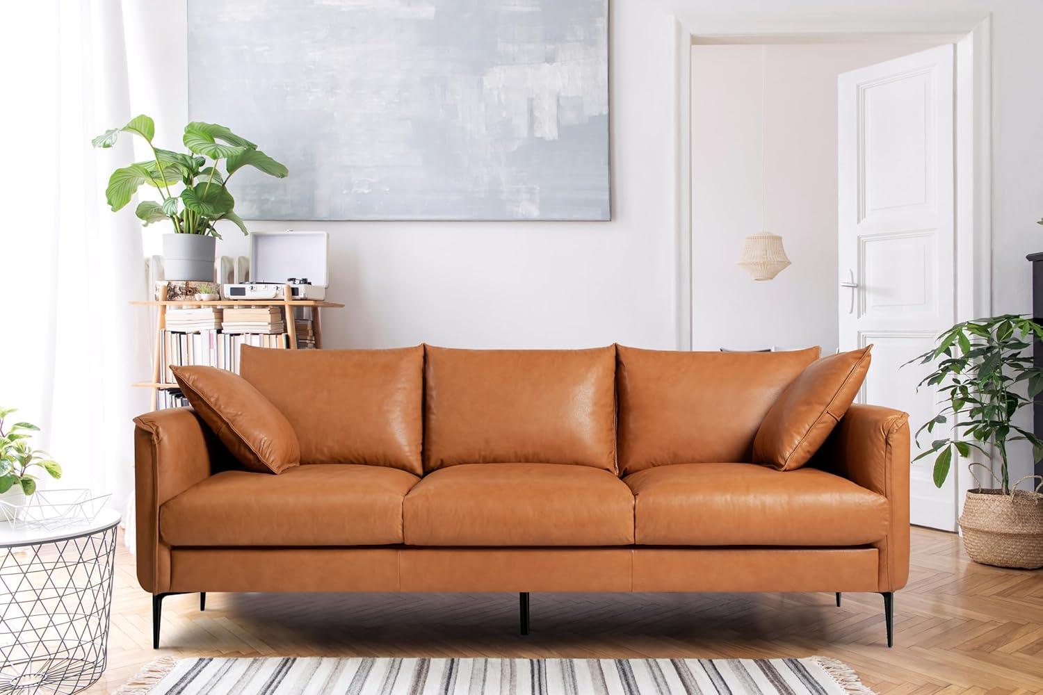 Valencia 85" Cognac Brown Leather Sofa with Removable Cushions