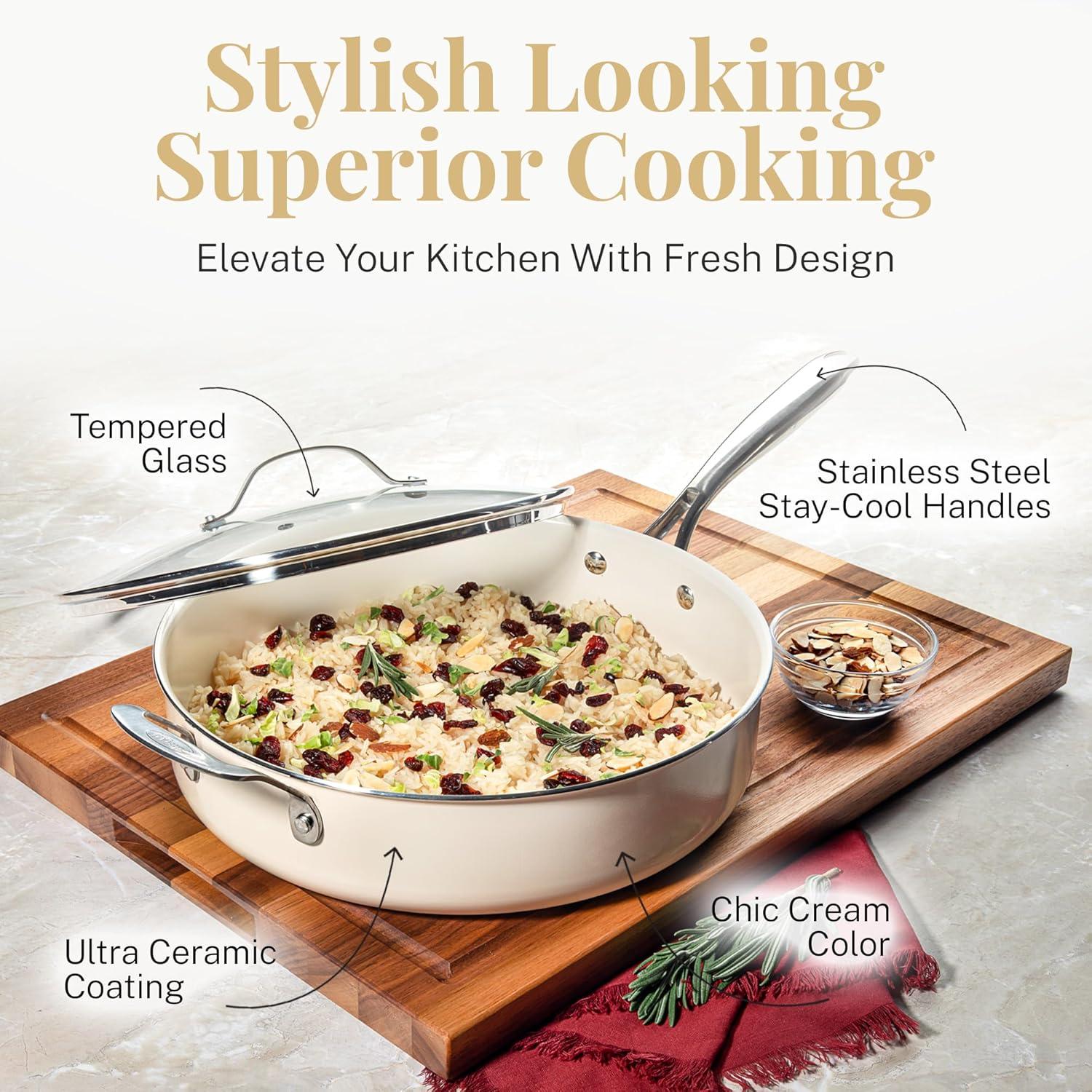 Gotham Steel Gotham Steel Naturals Cream Ultra Nonstick Ceramic 5.5 Qt Jumbo Cooker Pan with Lid