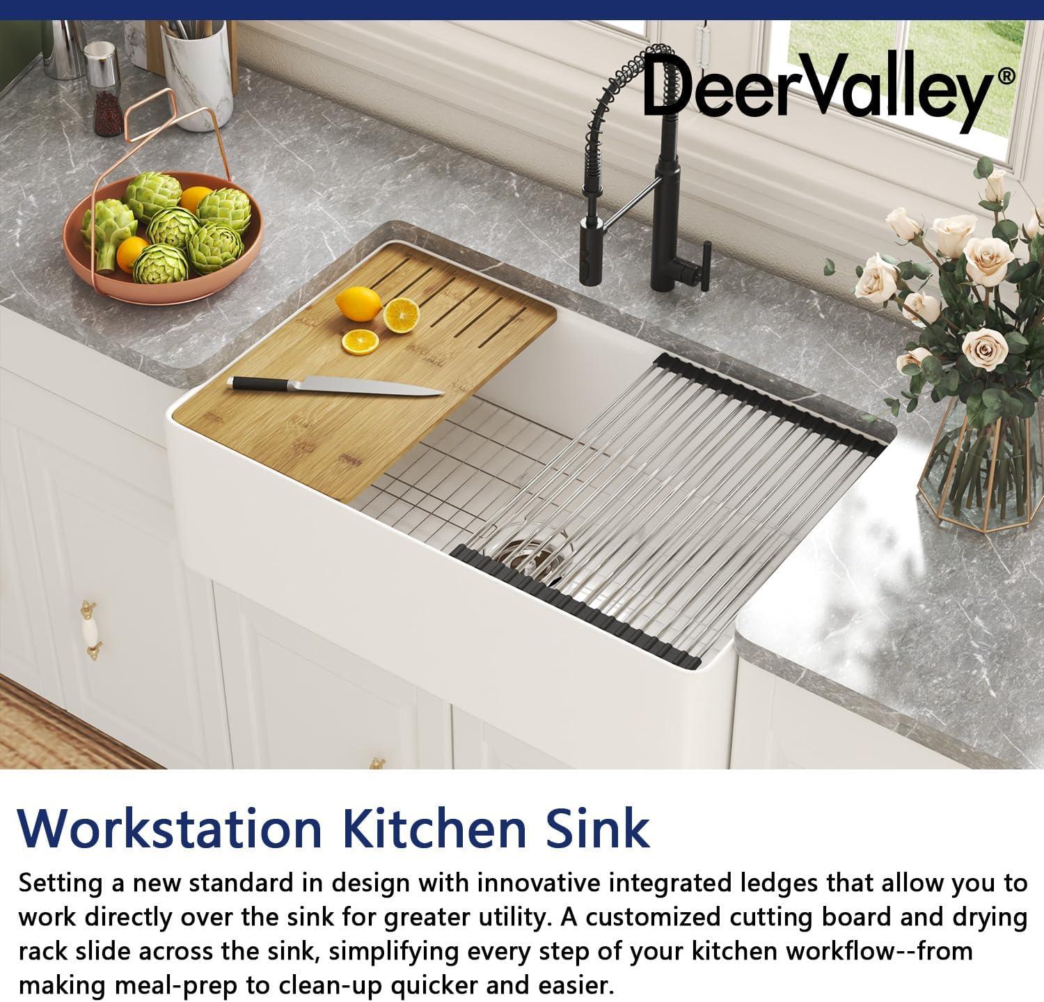 DeerValley 33" L X 20" W Single Basin Workstation Farmhouse Kitchen Sink With Sink Grid, Cutting Board And Dish-Drying Rack