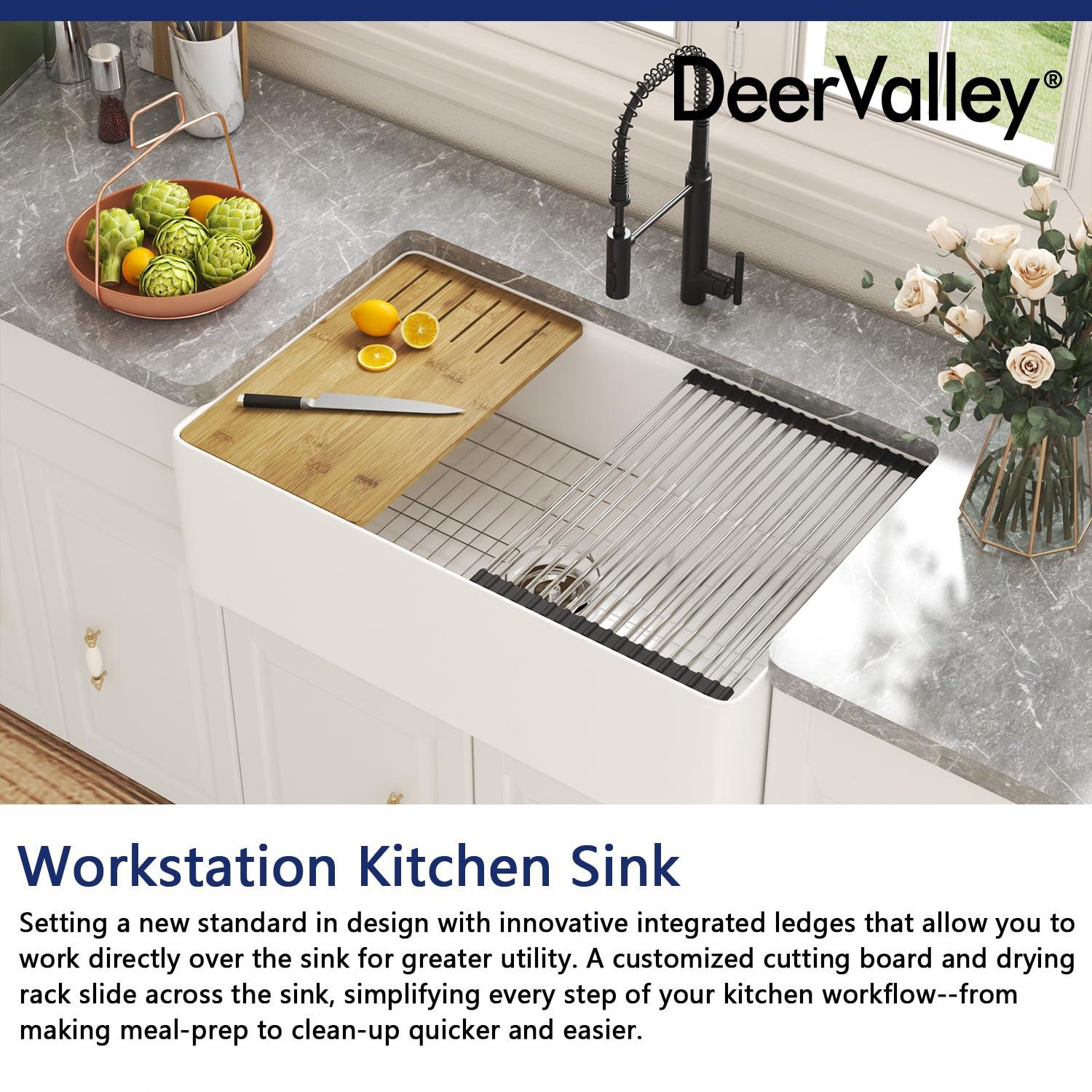 DeerValley 33" L X 20" W Single Basin Workstation Farmhouse Kitchen Sink With Sink Grid, Cutting Board And Dish-Drying Rack