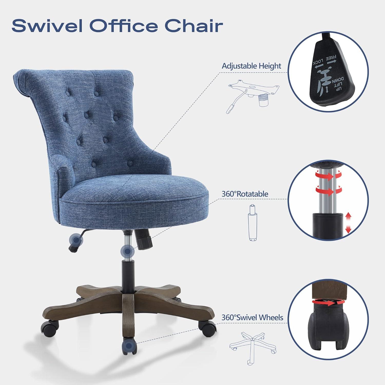 Blue Linen Upholstered Swivel Office Chair with Wooden Legs